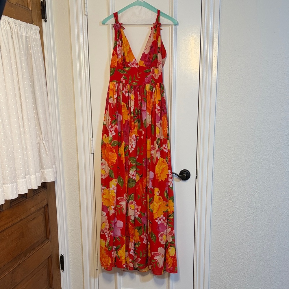 Floral Maxi Dress with Red and Orange Accents